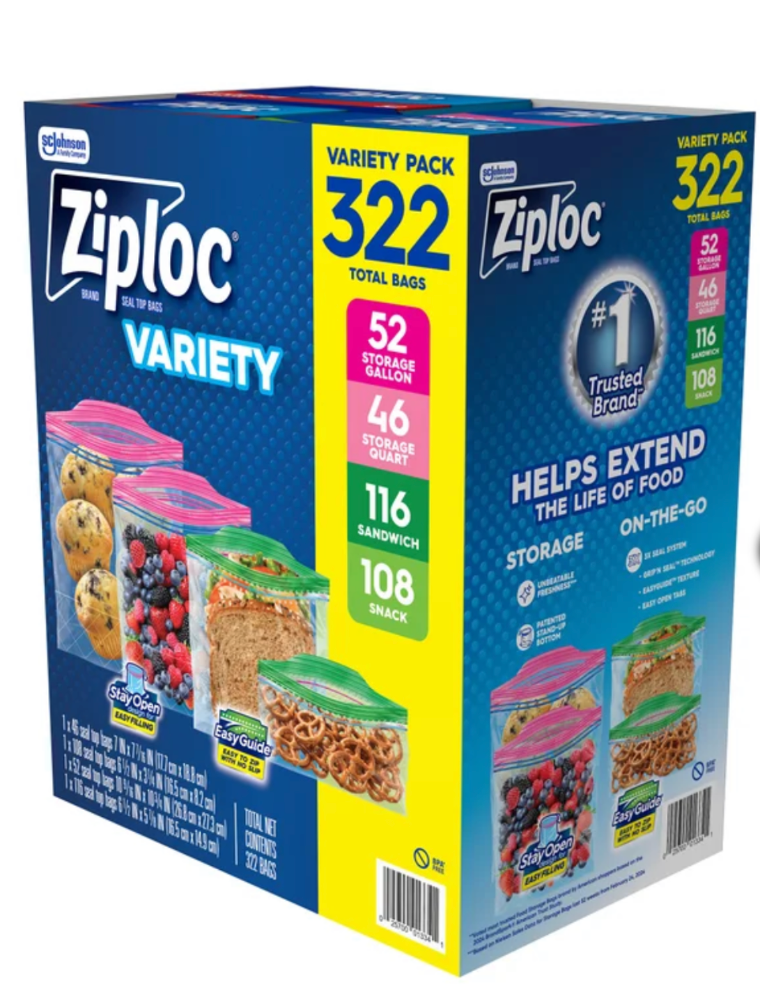 Ziploc Variety Pack (322-Count) – Gallon, Quart, Sandwich & Snack | BPA-Free Food Storage Bags | Bulk Value Pack