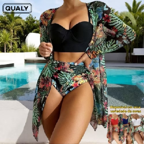 Conjunto de biquíni floral com saída de praia