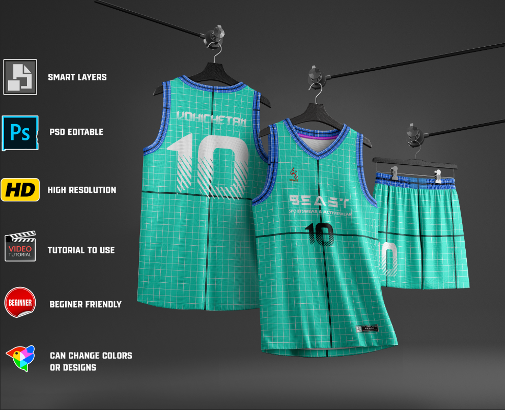 Modern Basketball Jersey with shorts on hanger Mockup | PSD editable