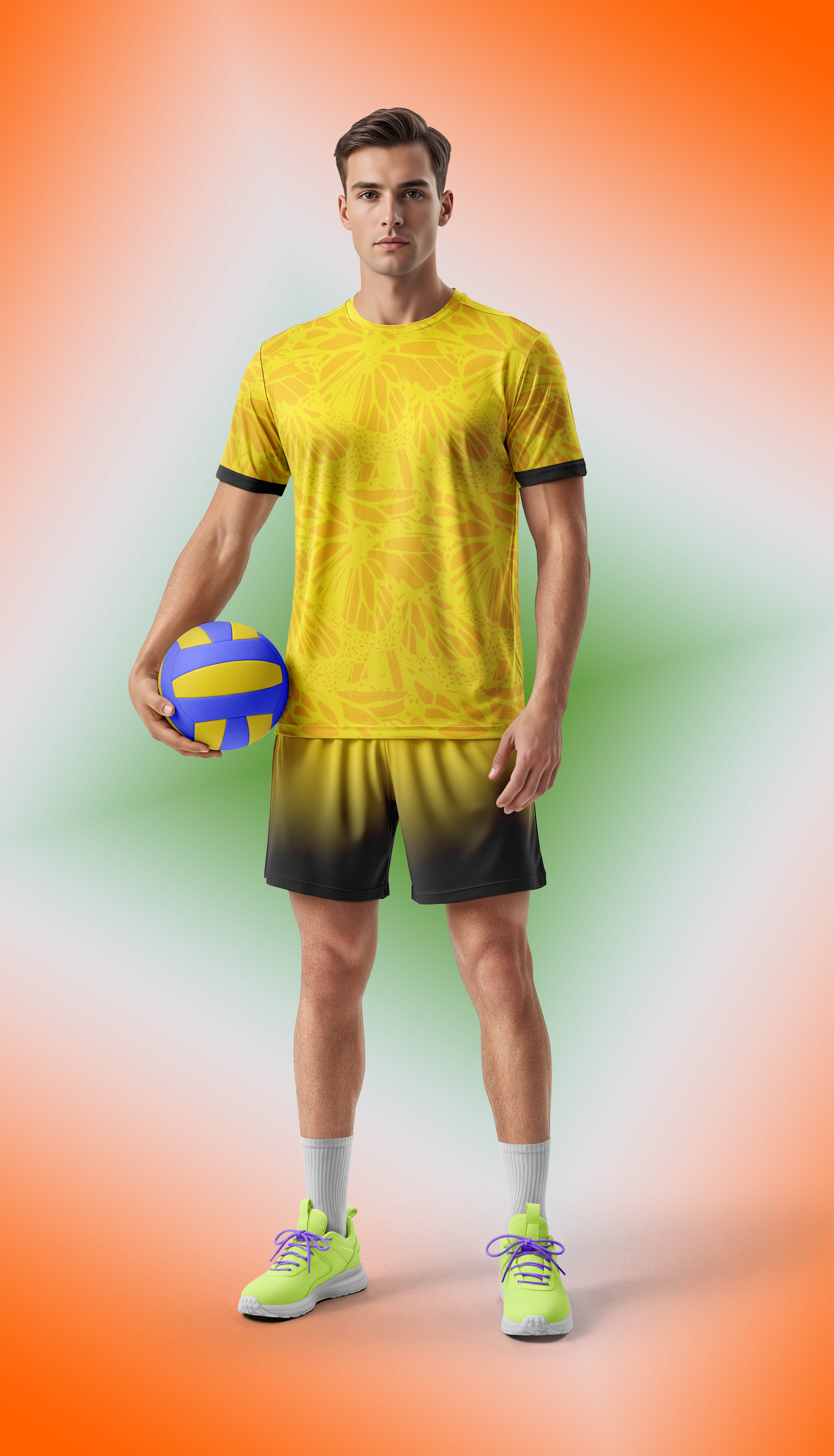 Mockup of a Man wearing volleyball Jersey and shorts holding volleyball in Stadium