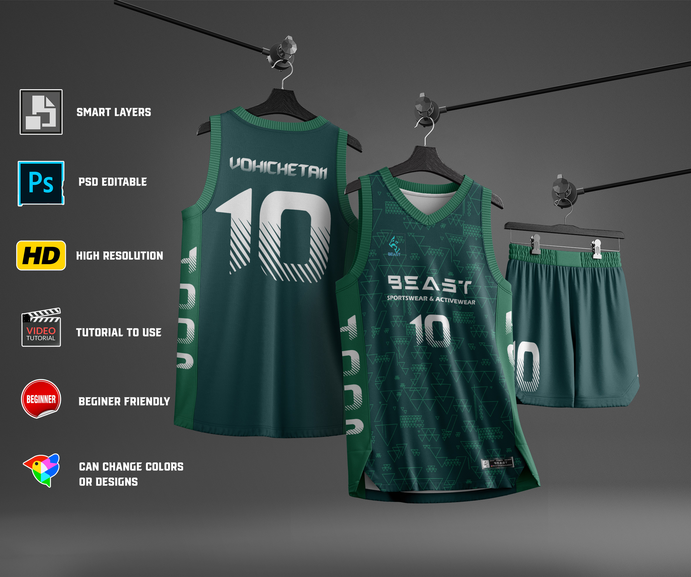 Modern Basketball Jersey with shorts on hanger Mockup | PSD editable