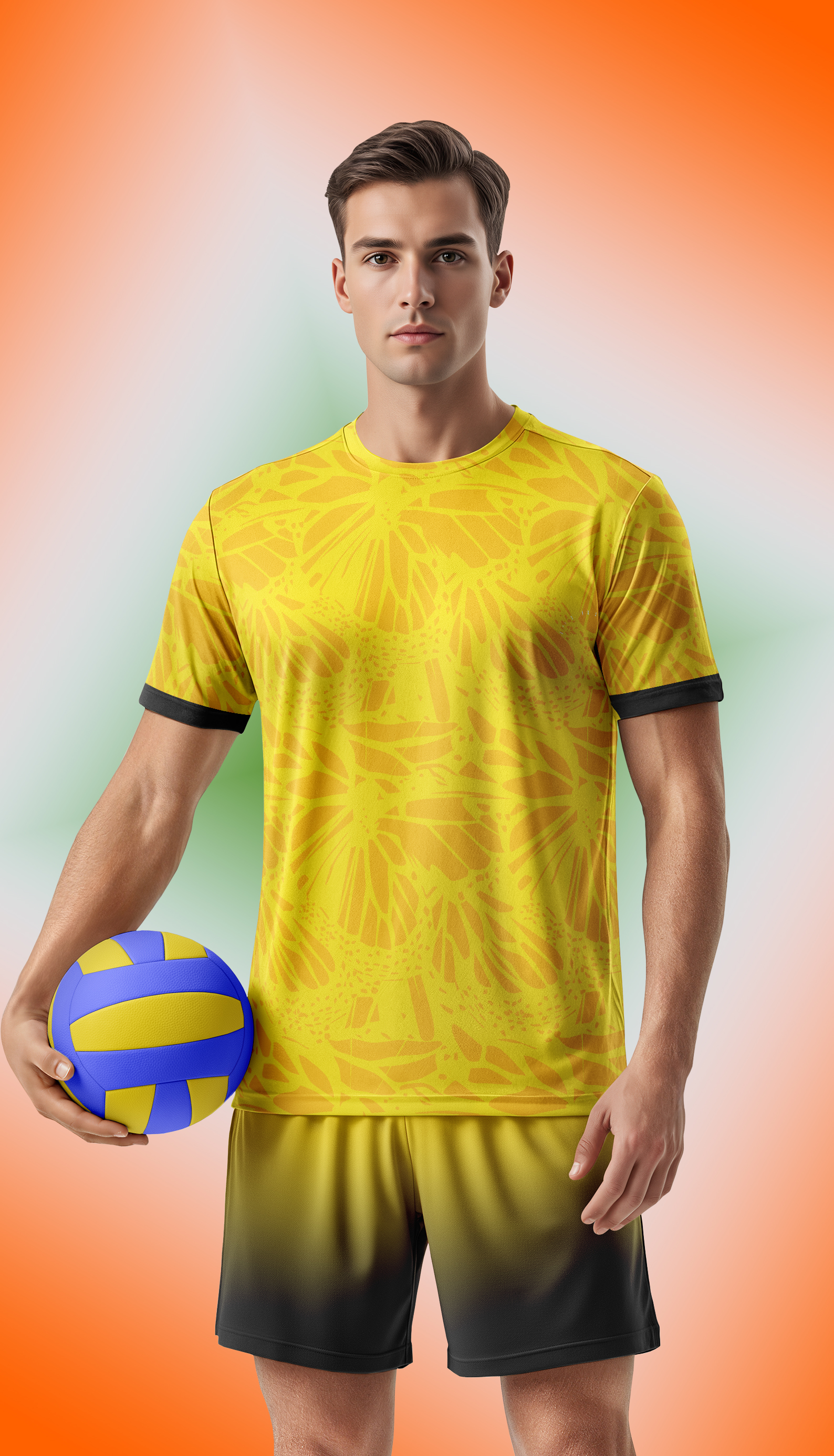 Mockup of a Man wearing volleyball Jersey and shorts holding volleyball in Stadium