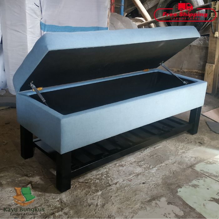 Bench Bungkus Storage Kaki Kayu Jari-Jari Palang