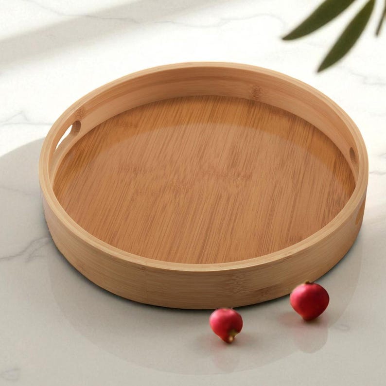Round Bamboo Serving Tray with Handles: Rustic Kitchen & Bar Platter