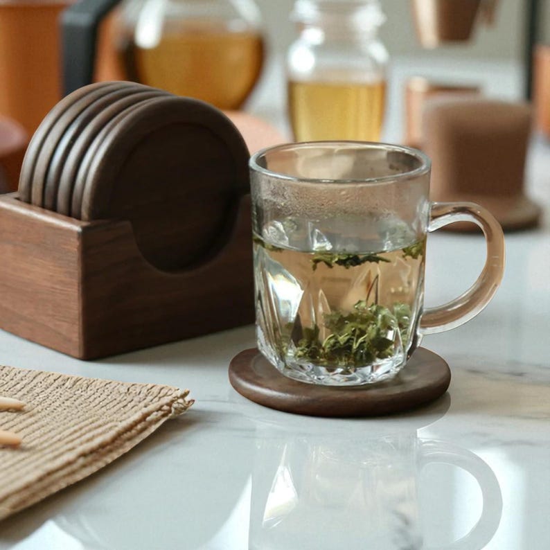 Walnut & Beech Wood Coaster Set with Holder: Rustic Table Decor