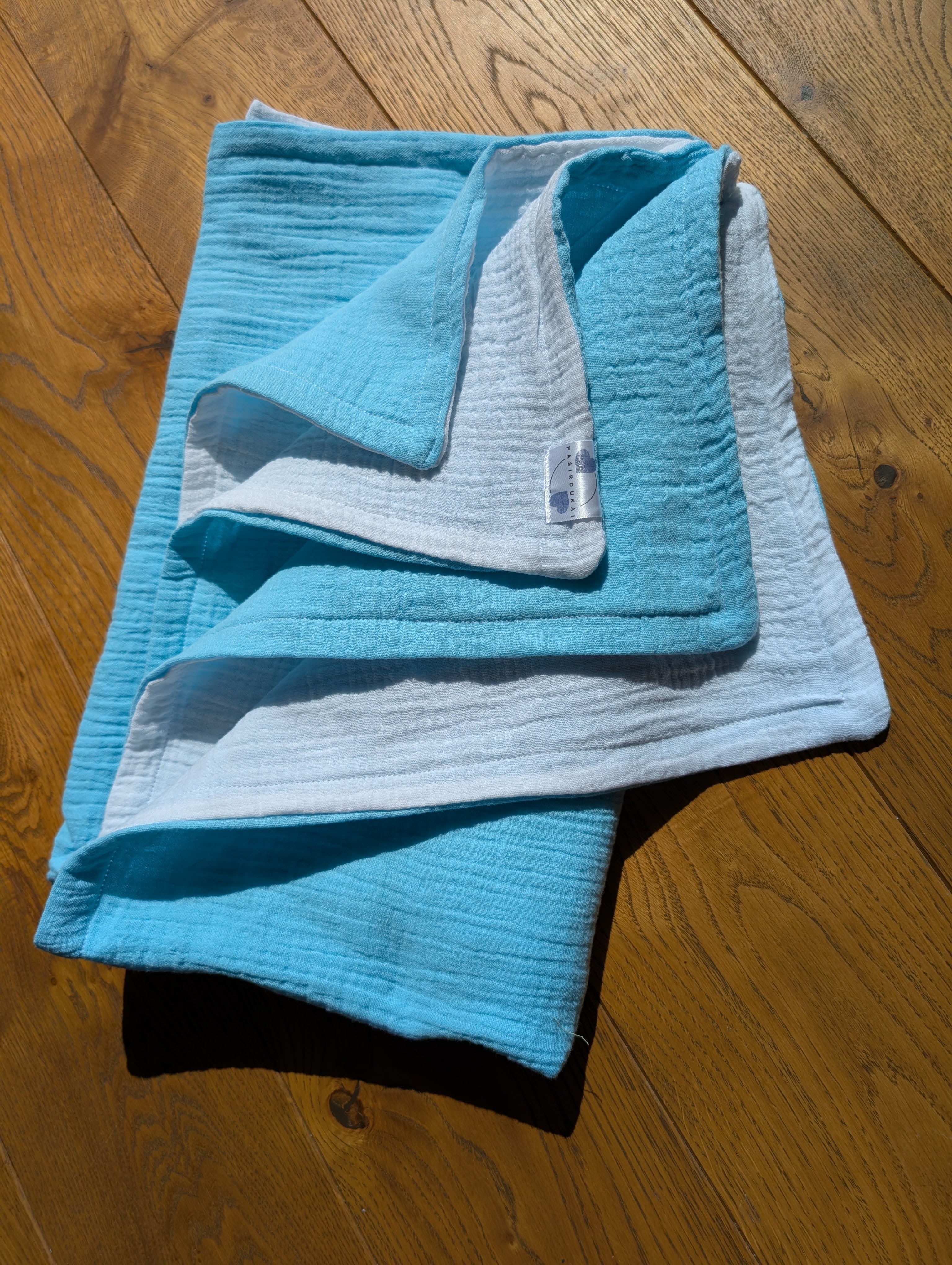 Didelis dvigubas dvispalvis muslino pledukas - Žydra ir pieno balta