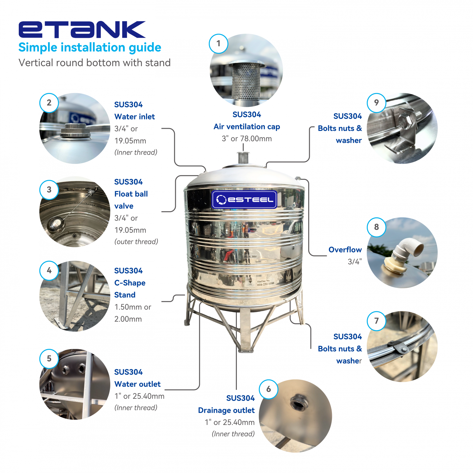 Esteel Water Storage – 4000L Vertical (SUS 304)