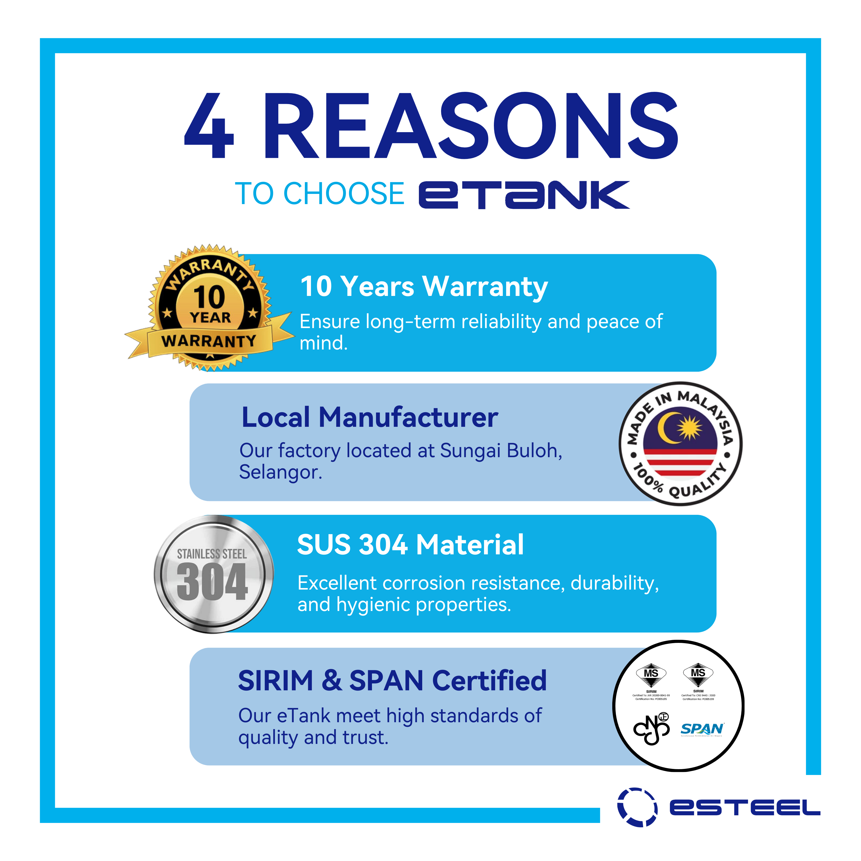 Esteel Water Storage –3000L Horizontal (SUS 304)
