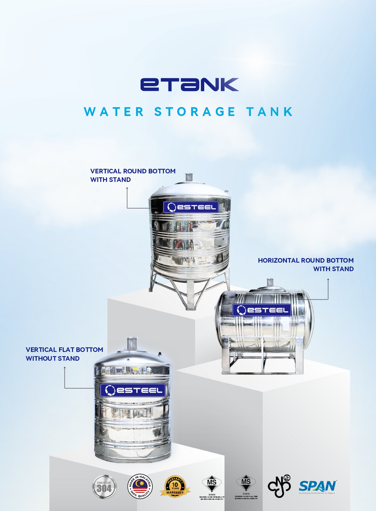 Esteel Water Storage – 500L Horizontal (SUS 304)