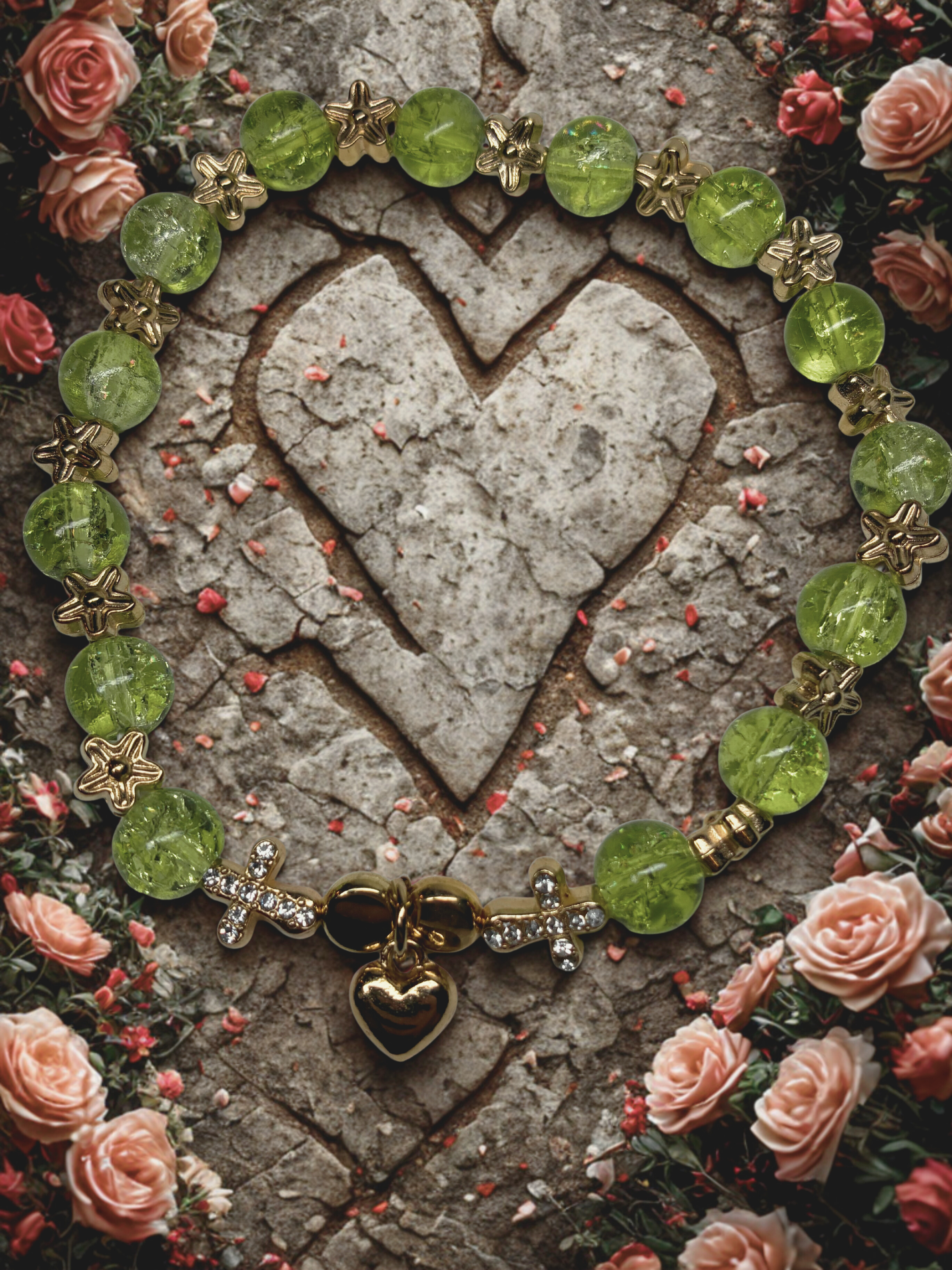 Green Beaded Floral Bracelet with Crystal Crosses