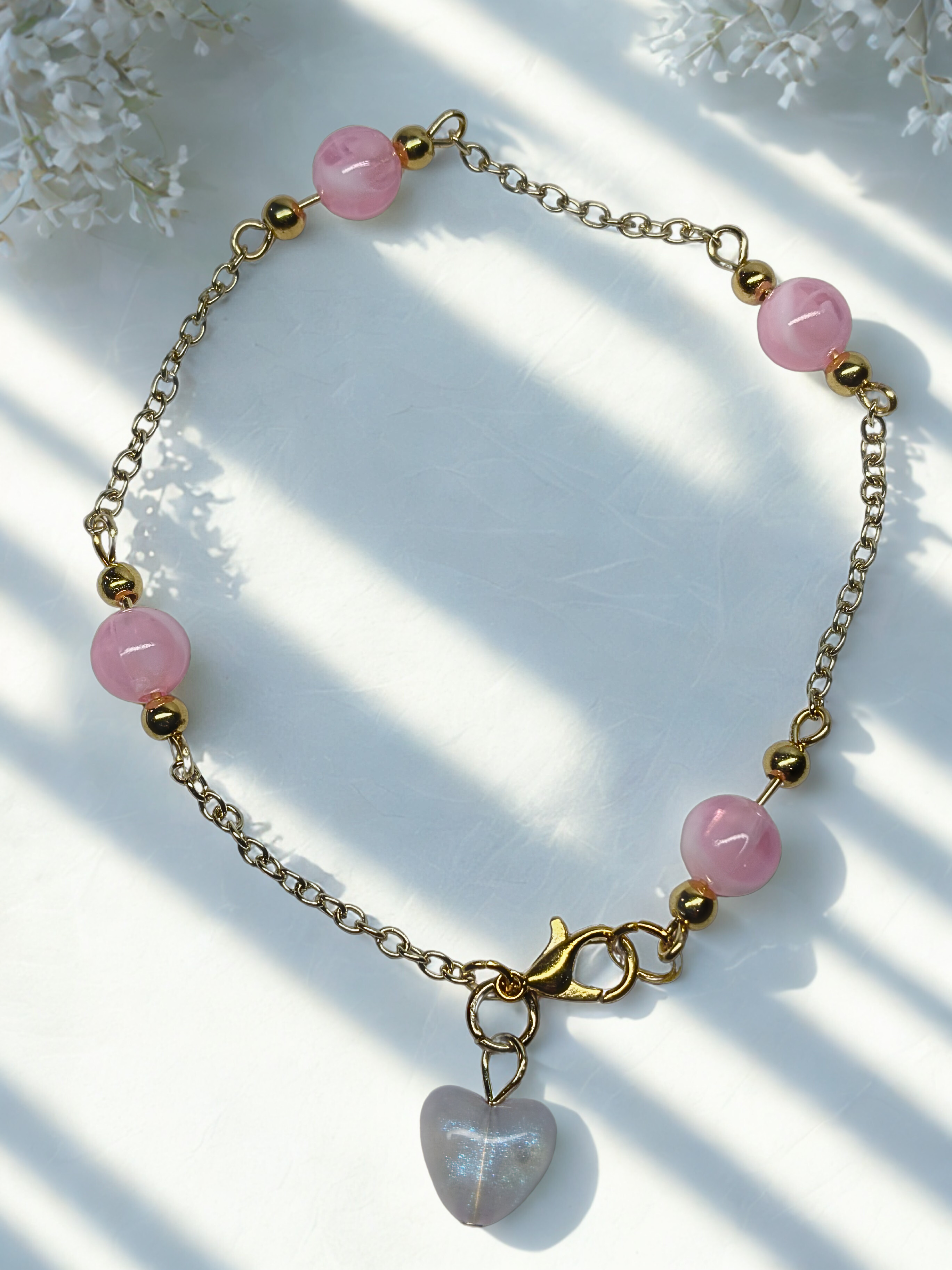 Pink Beaded Heart Charm Bracelet