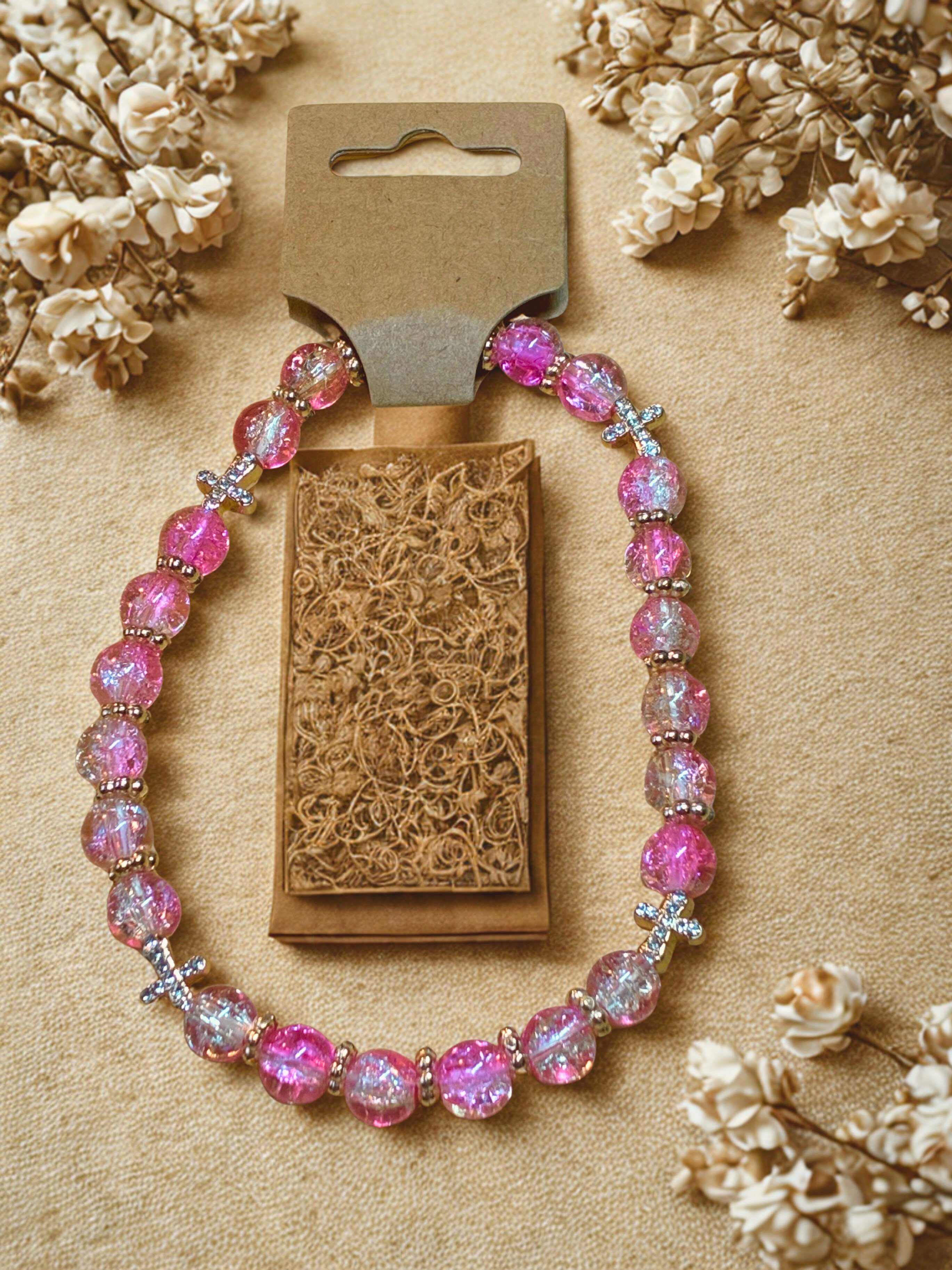 Pink and Glitter Cross Beaded One Of A Kind Bracelet 