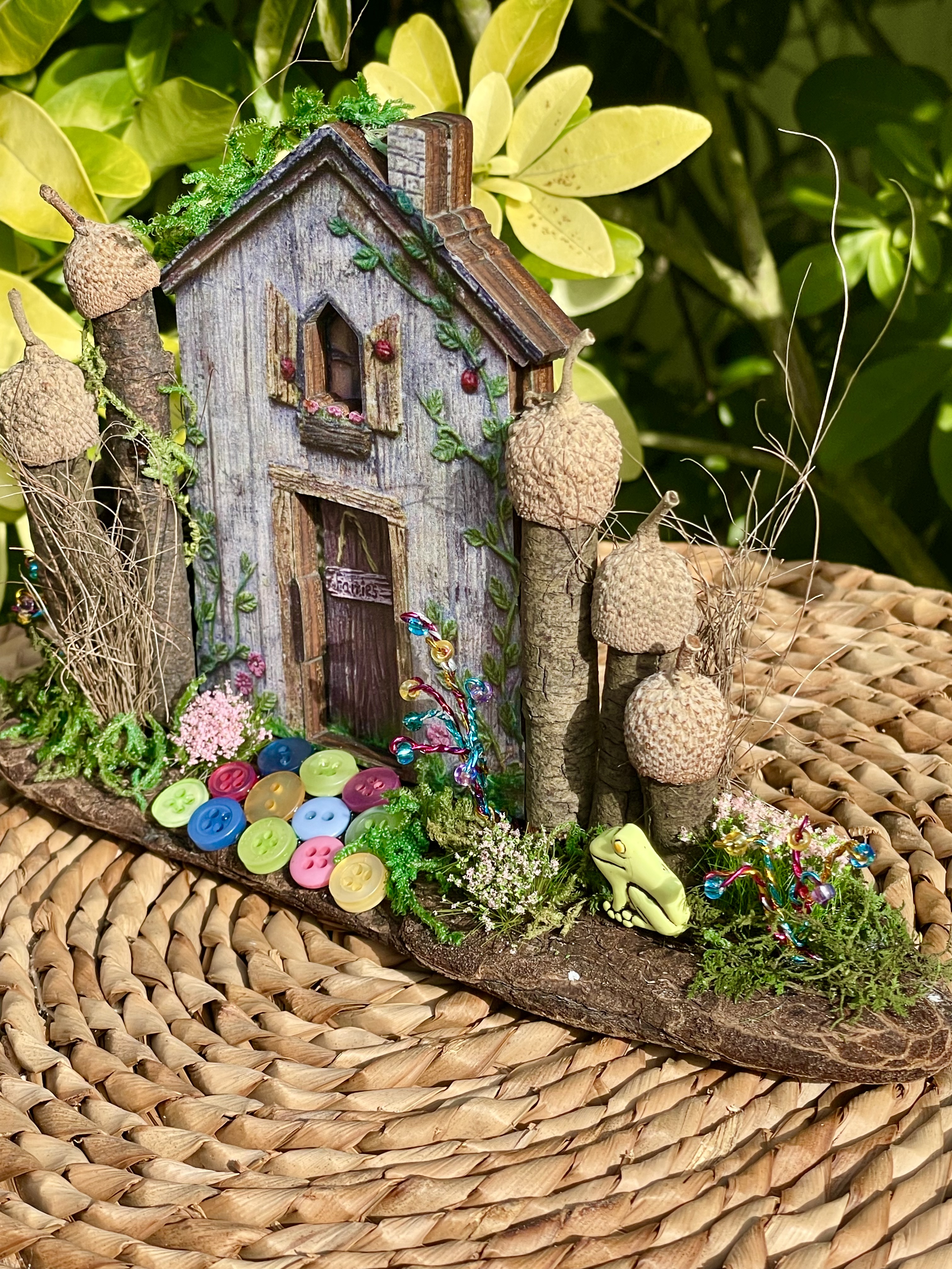 Fairy House driftwood ornament with button path 