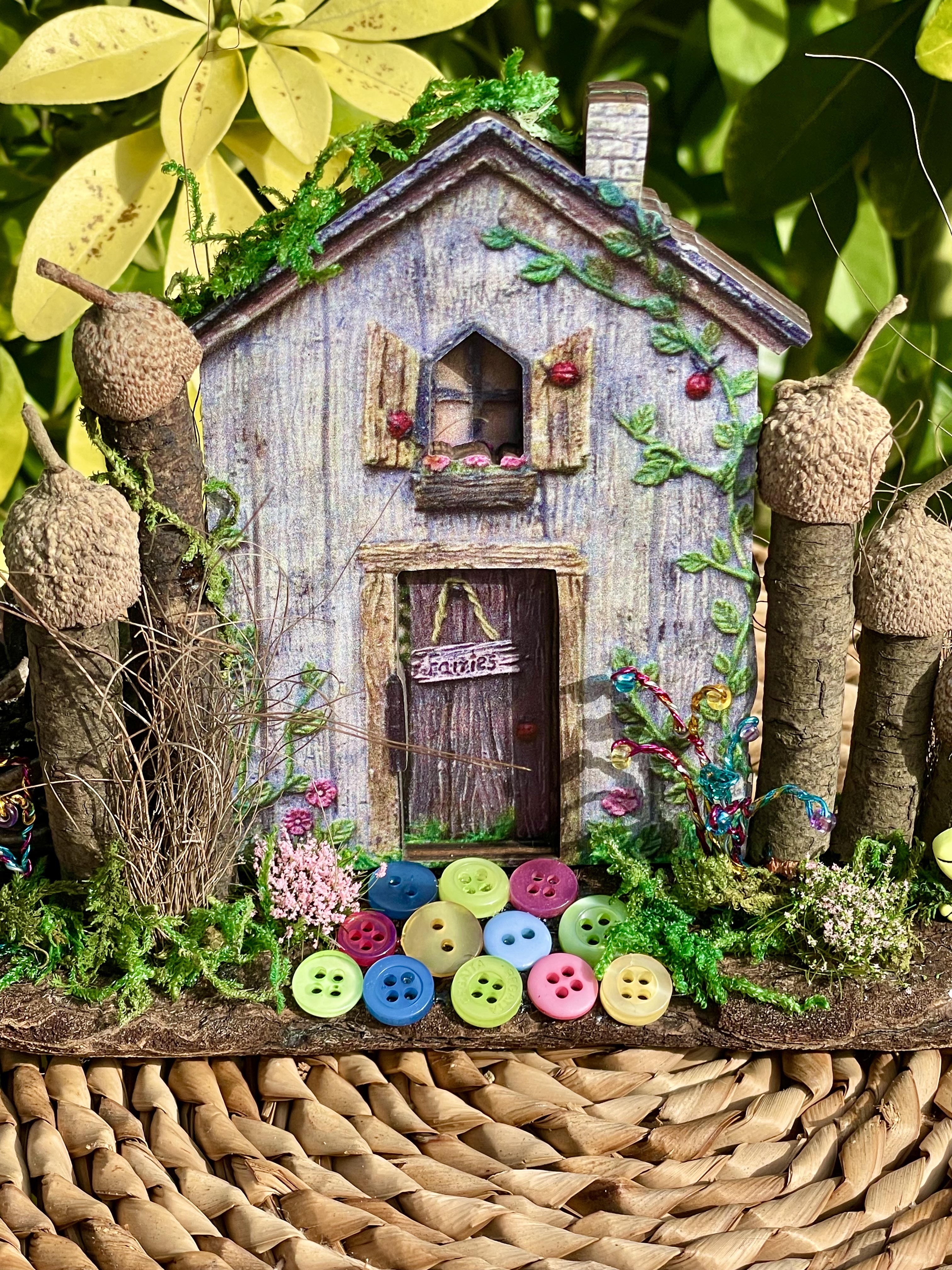 Fairy House driftwood ornament with button path 
