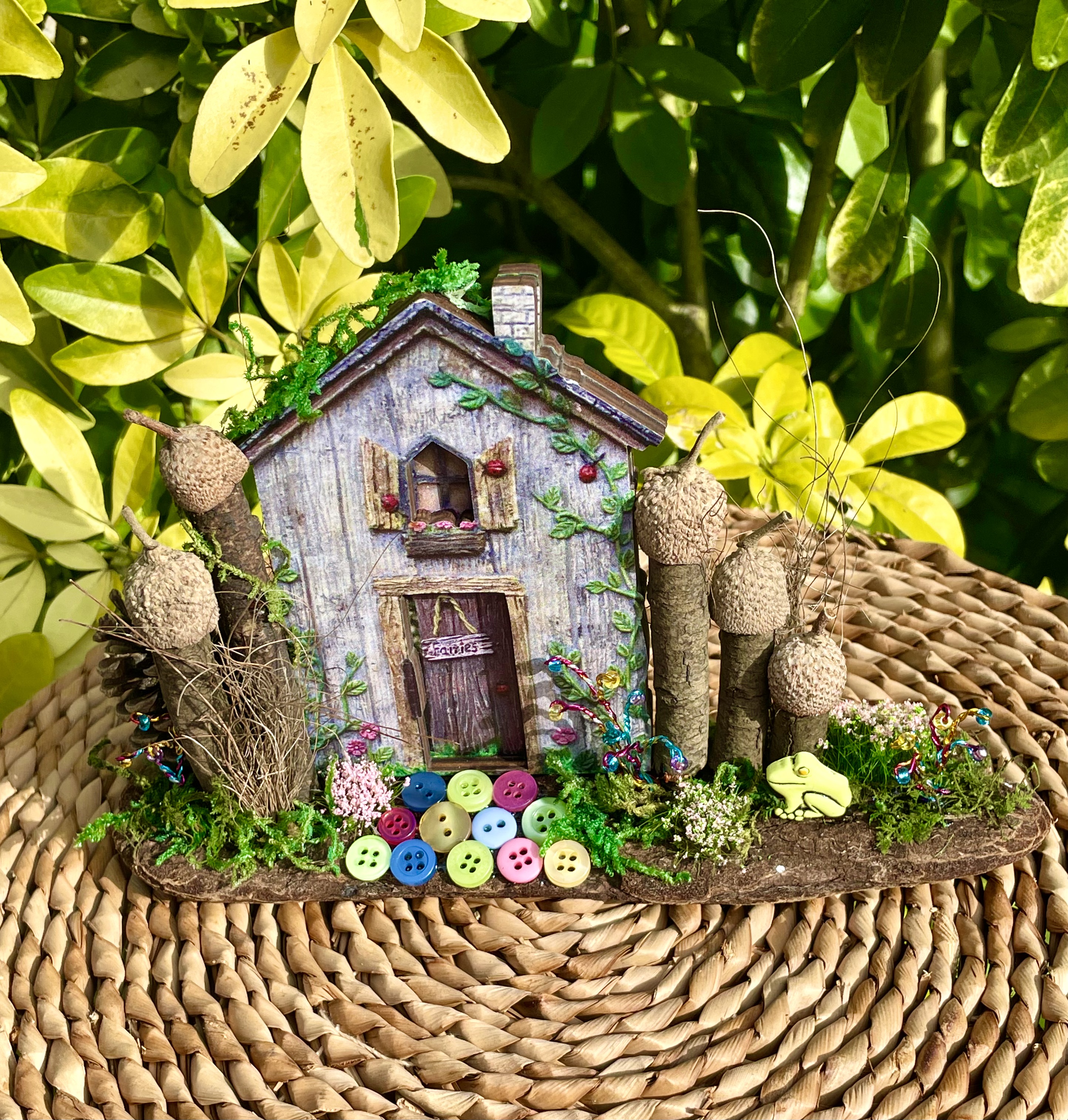 Fairy House driftwood ornament with button path 