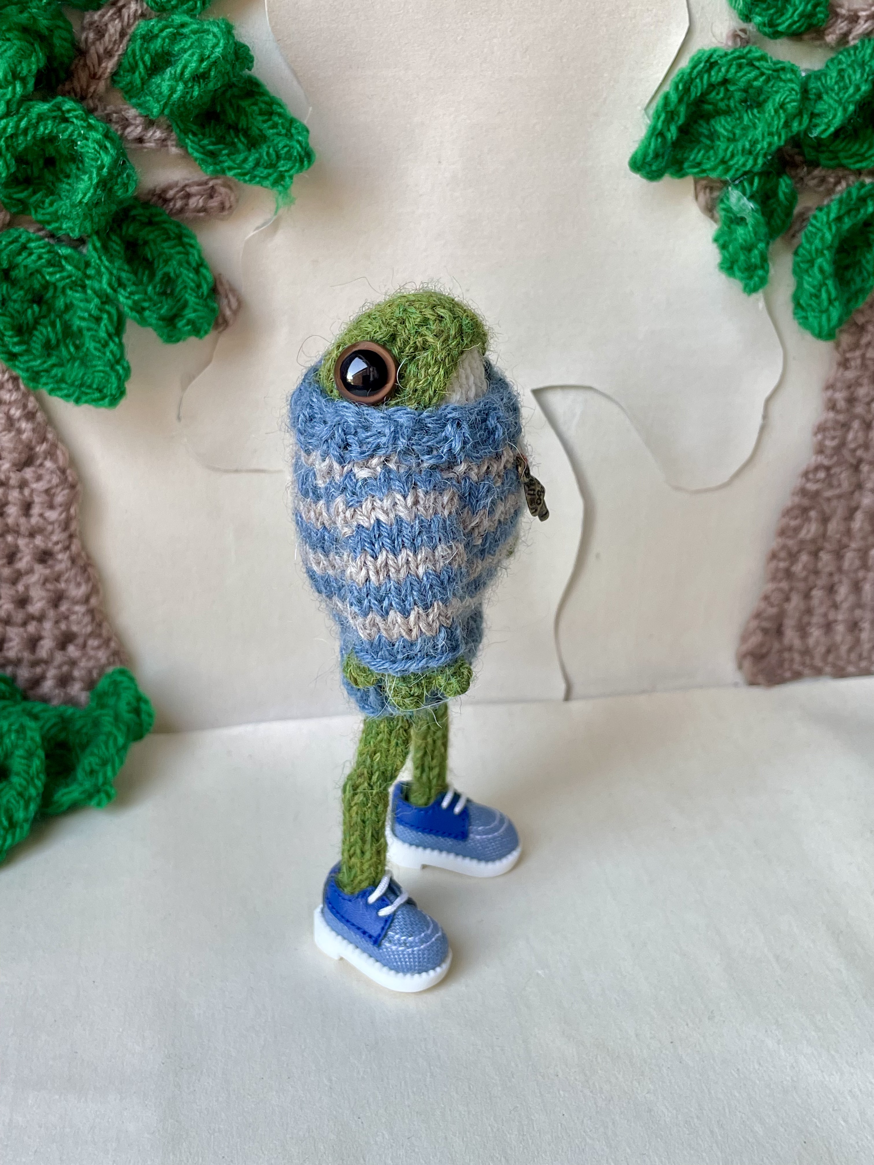 Archie, the delightful handmade little knitted froggy ornament