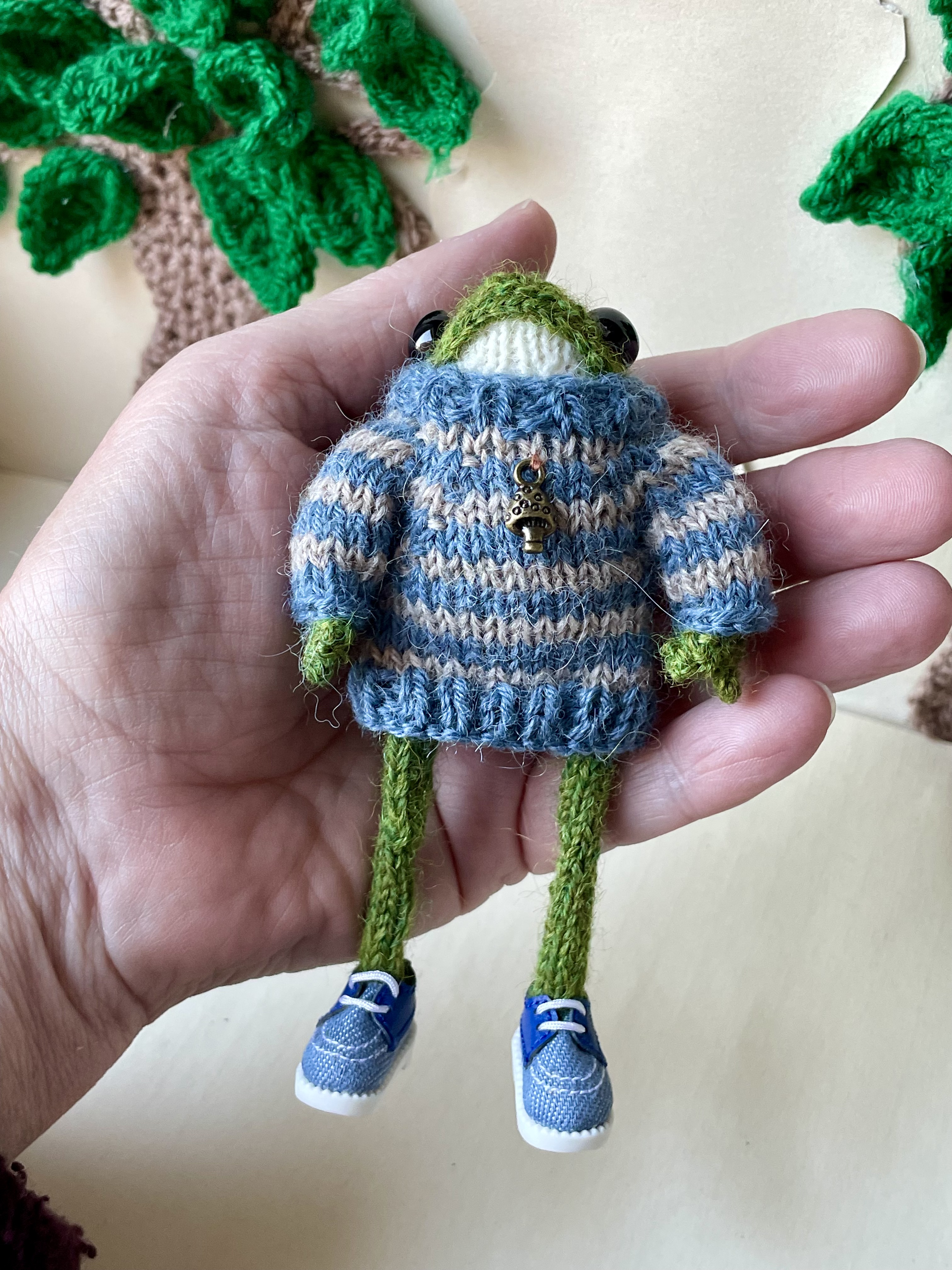 Archie, the delightful handmade little knitted froggy ornament