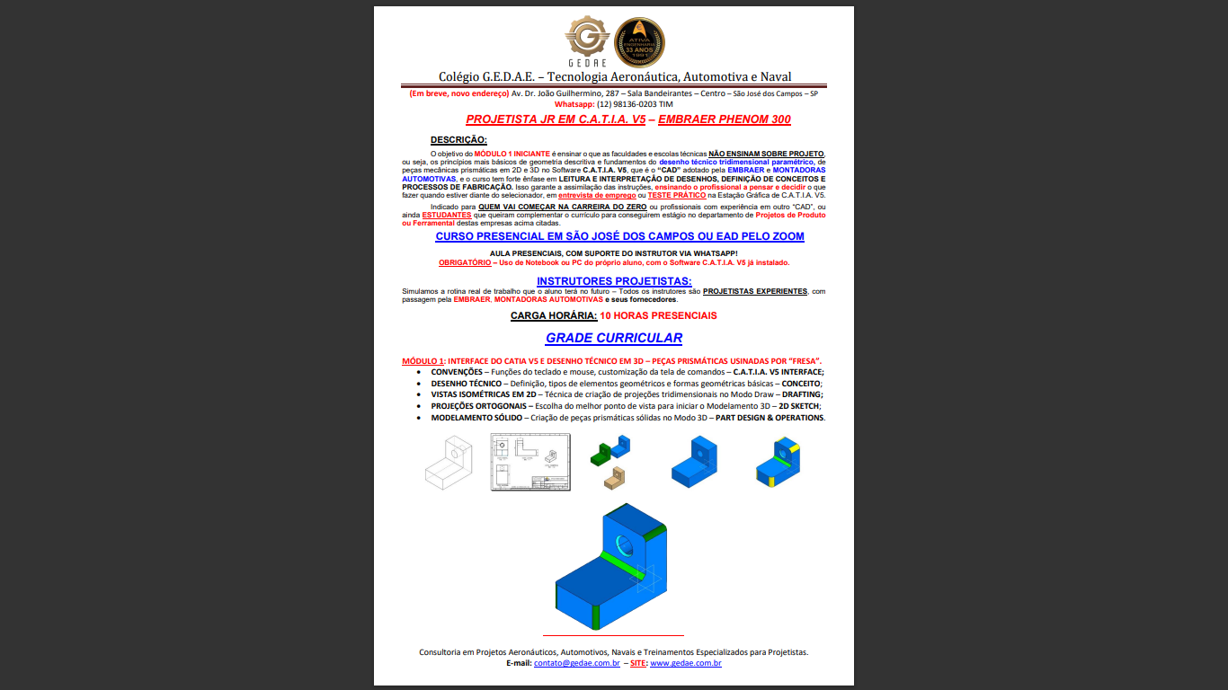 Módulo 1 de 10 - Curso CATIA V5 Corporativo - Certificado para Grade de 100 Horas.