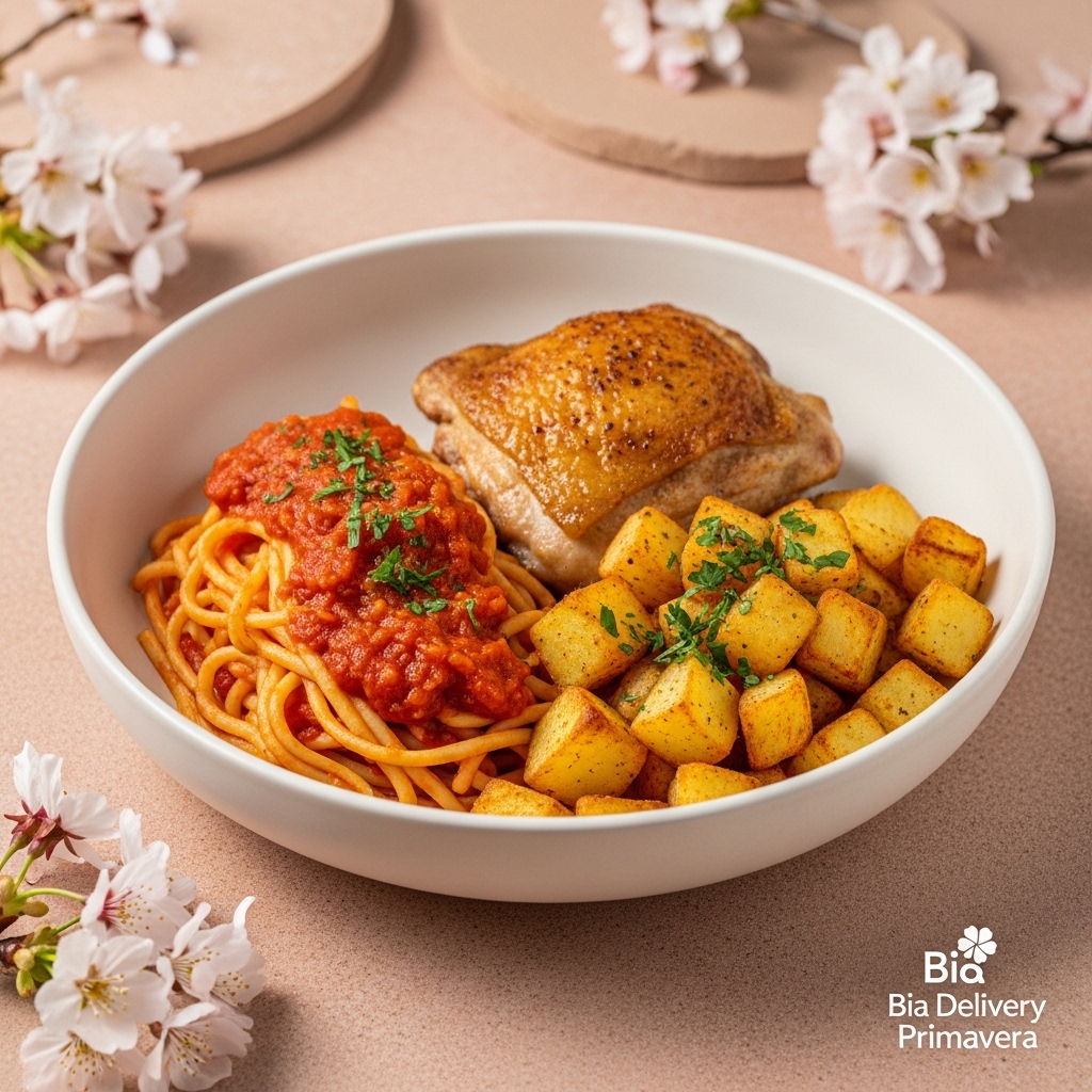 Frango Assado com Espaguete e Batatas