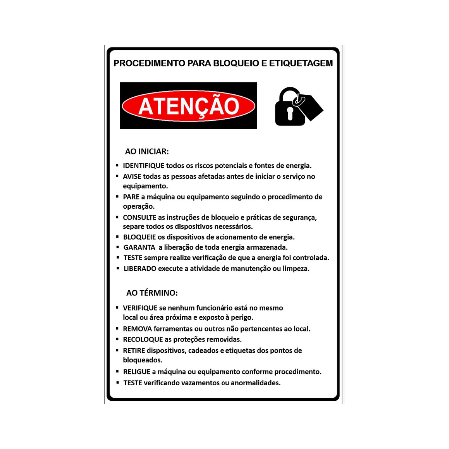 Placa de Procedimento de Bloqueio e Etiquetagem, branco