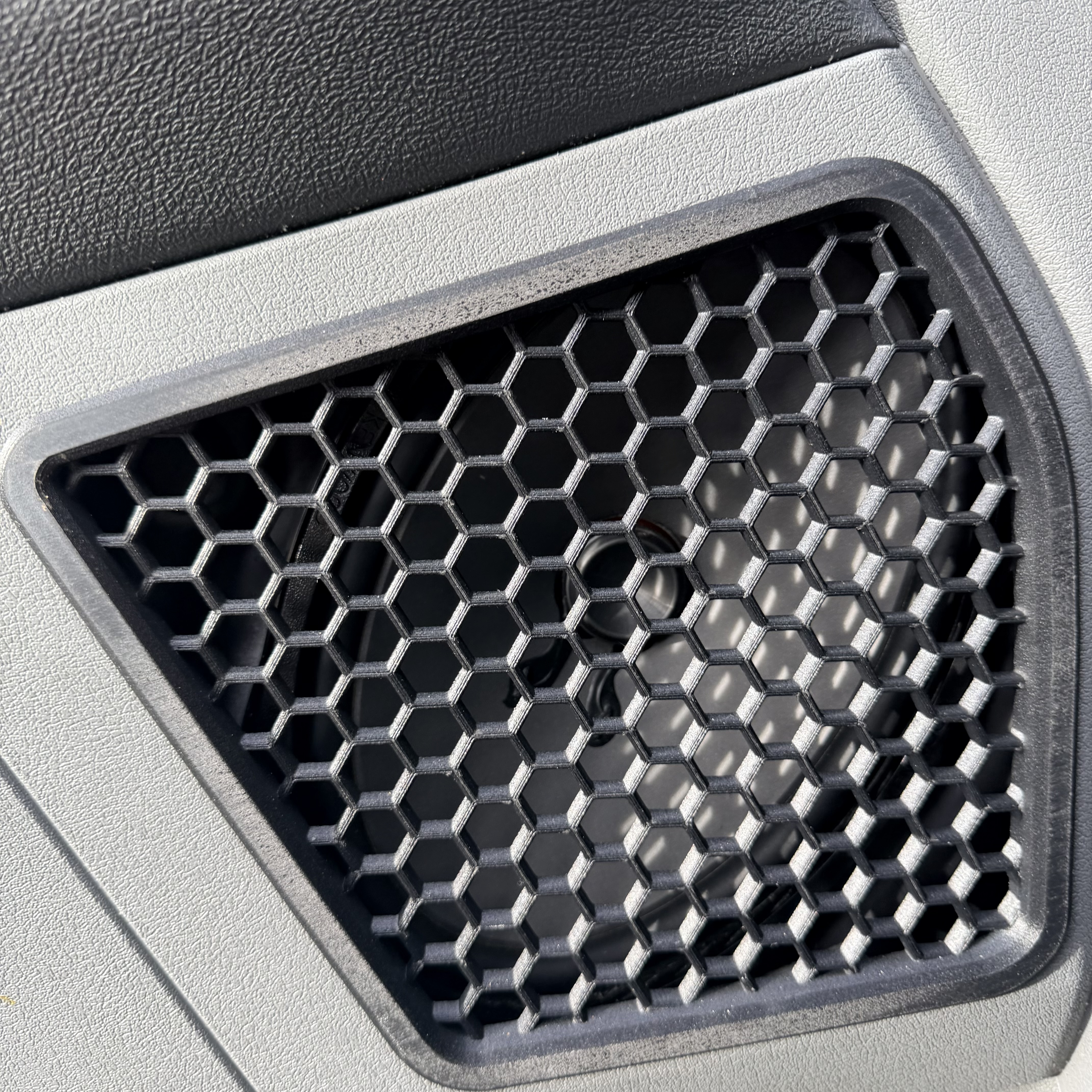 3rd Gen Dodge Ram 2500/3500 Mega cab front and rear speaker grill replacements. 3D printed in black ABS glass fiber plastic for durability.