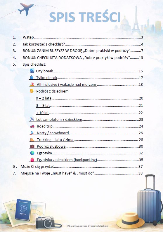 PAKIET 10 CHECKLIST PODRÓŻNICZYCH + BONUS                                                                                     
