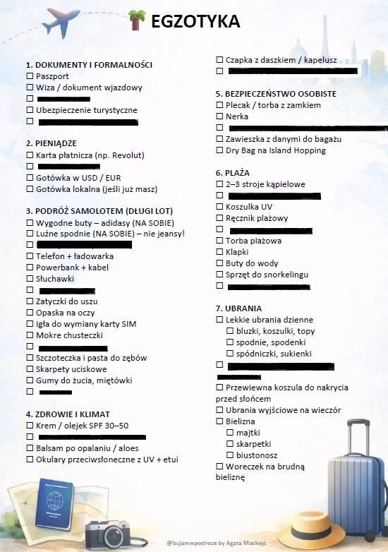 PAKIET 10 CHECKLIST PODRÓŻNICZYCH + BONUS                                                                                     