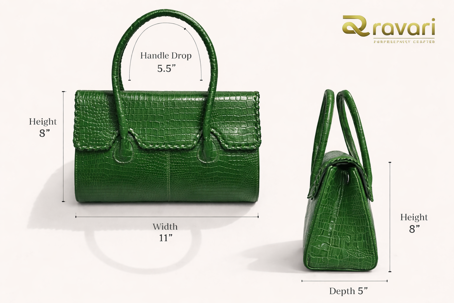  Ravari Leather Women Handbag – Crocodile-Textured Designer Tote with Braided Flap Closure (Emerald Green)
