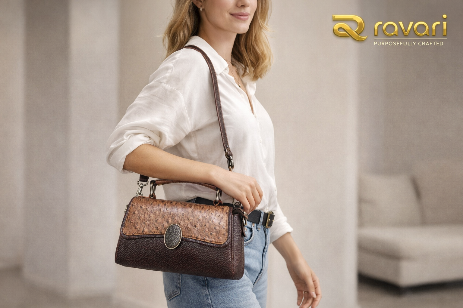 Ostrich-Textured Leather Handbag