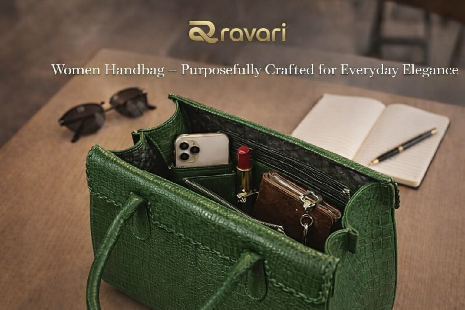  Ravari Leather Women Handbag – Crocodile-Textured Designer Tote with Braided Flap Closure (Emerald Green)