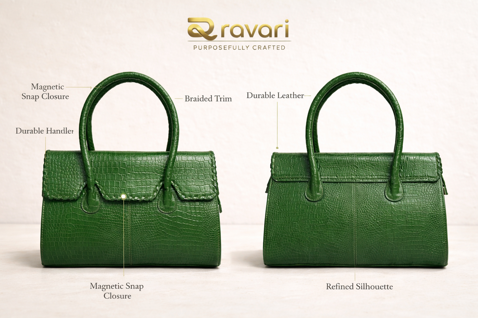  Ravari Leather Women Handbag – Crocodile-Textured Designer Tote with Braided Flap Closure (Emerald Green)