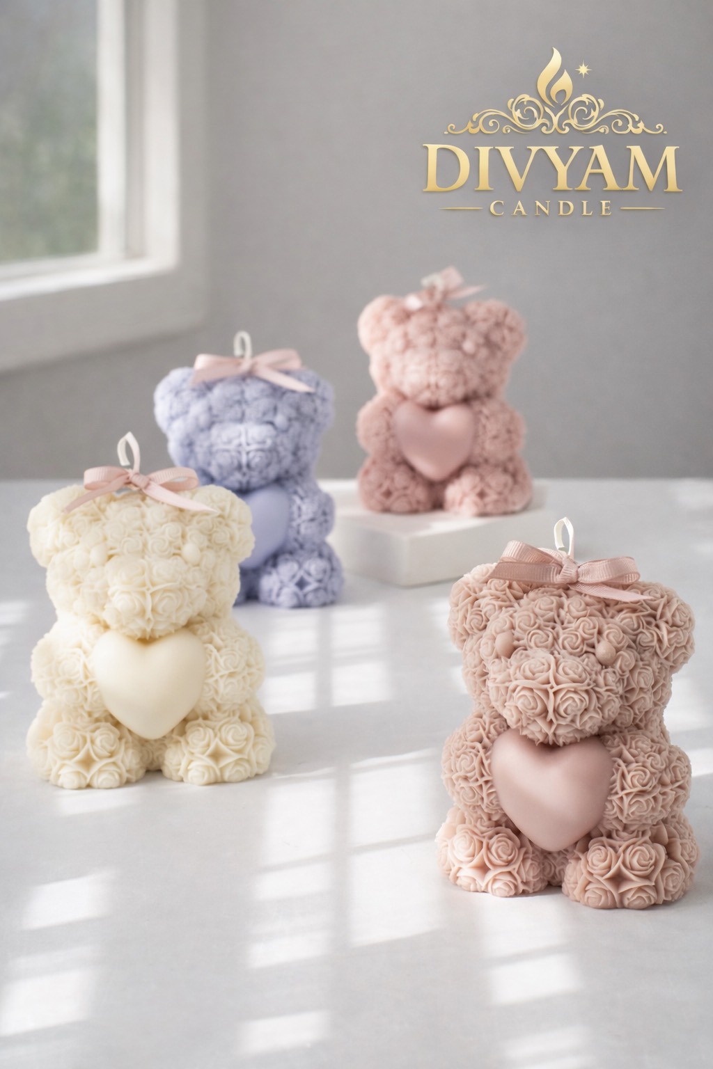 White Rose Teddy Bear Candle