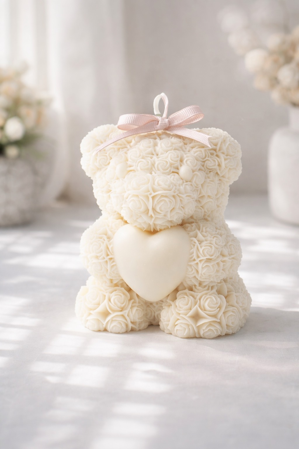 White Rose Teddy Bear Candle