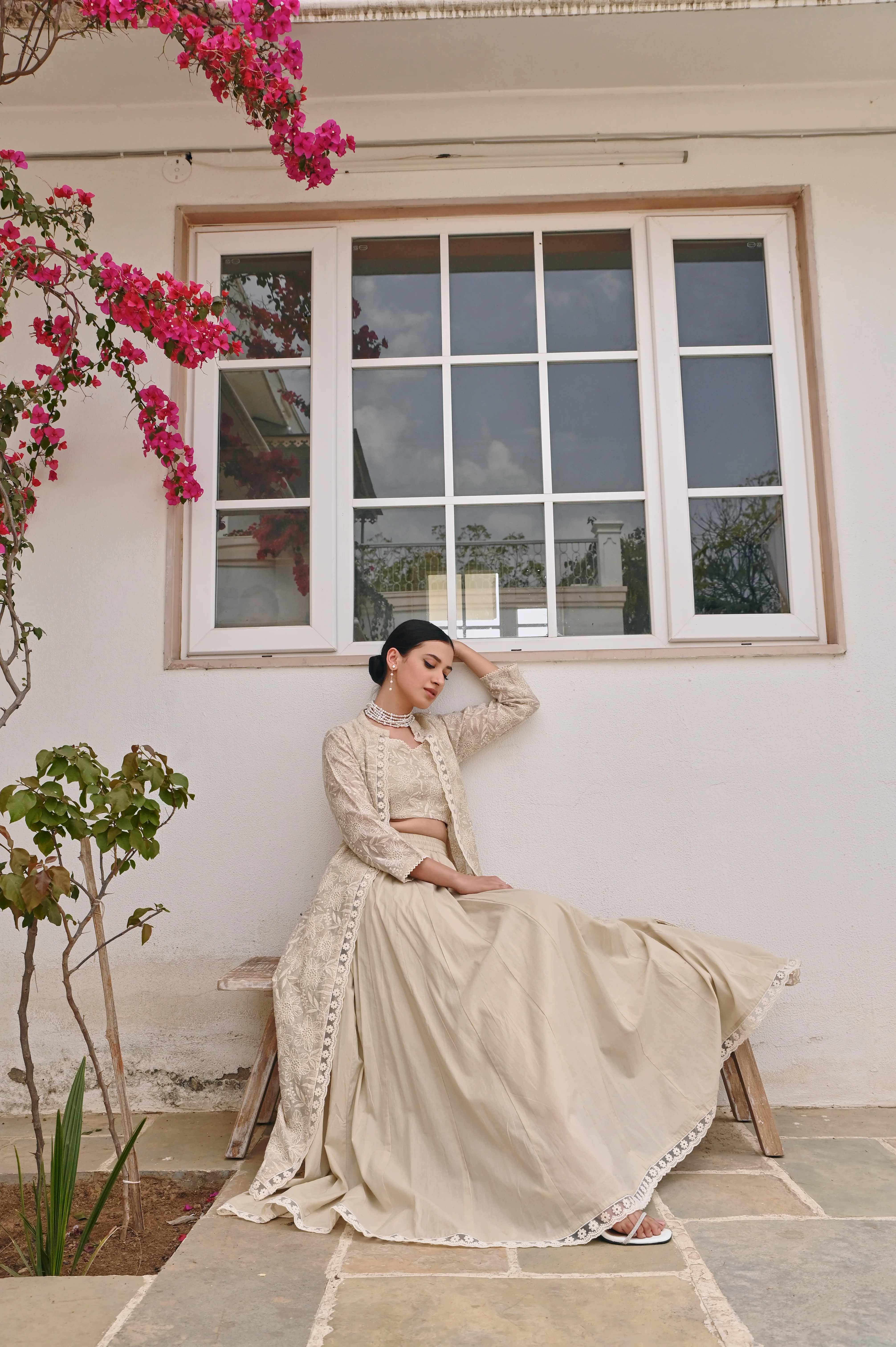 OFF WHITE CHIKANKARI SKIRT SET WITH EMBROIDERED JACKET