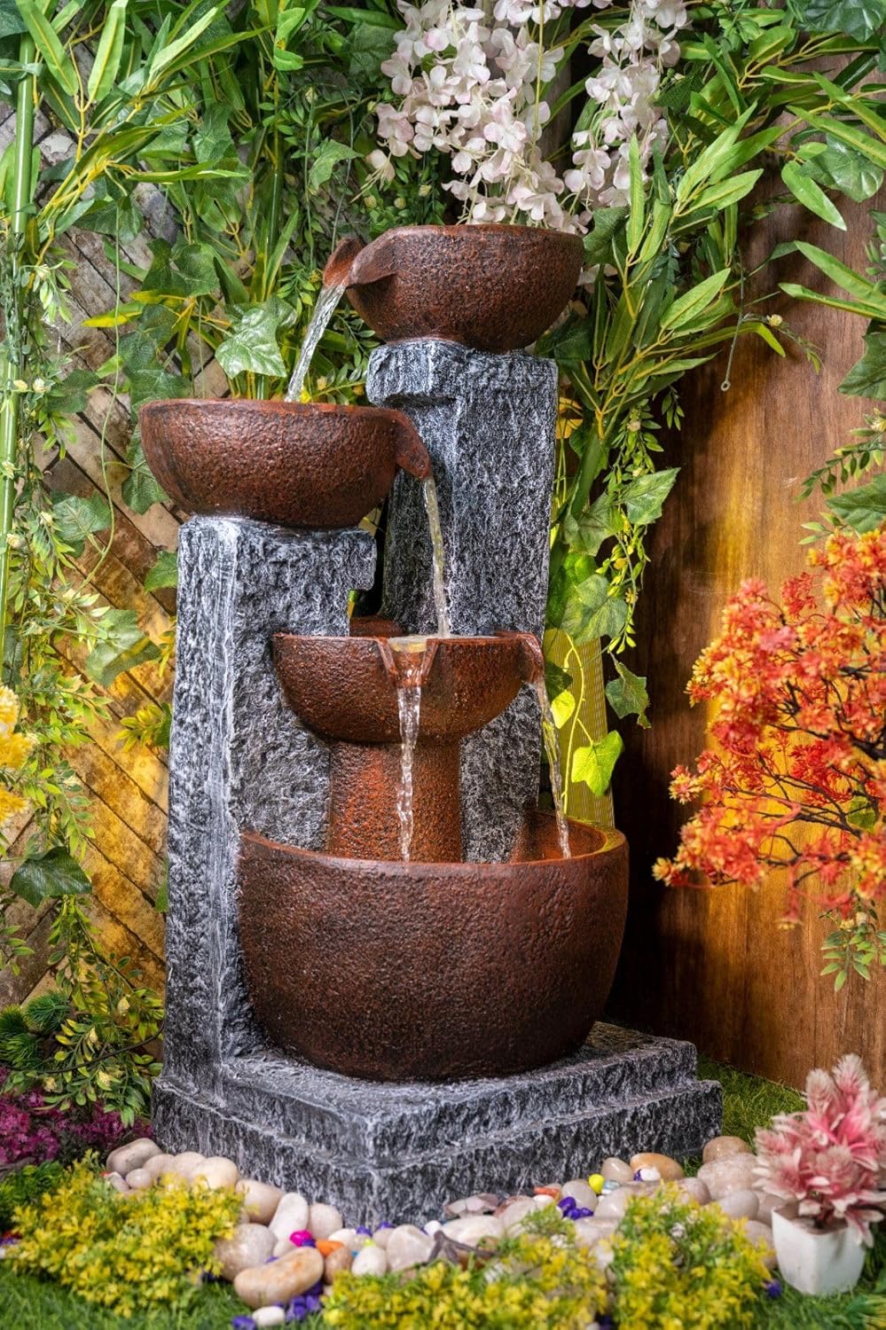 4 Stacked Pot Water Fountain for Home, Office, Garden Brown & Grey Color