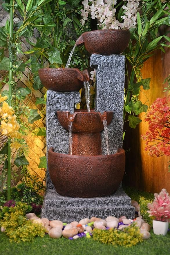 4 Stacked Pot Water Fountain for Home, Office, Garden Brown & Grey Color