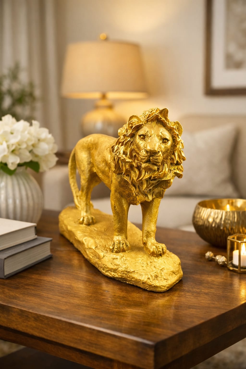  Elegant Lion Sculpture – Polyresin Showpiece with Antique Gold Finish for Home Décor & Gifting