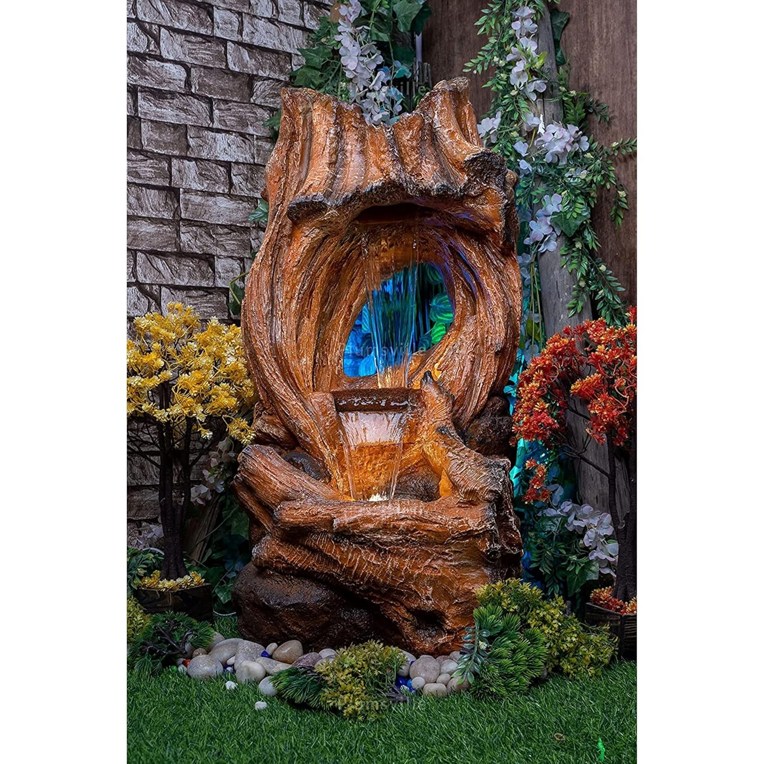 Nature Wooden Fall Water Fountain for Home, Office, Garden Orange Color Indoor Outdoor Home Decor Living Room Garden Bedroom Hall Table Top Decoration Showpiece Gift Items
