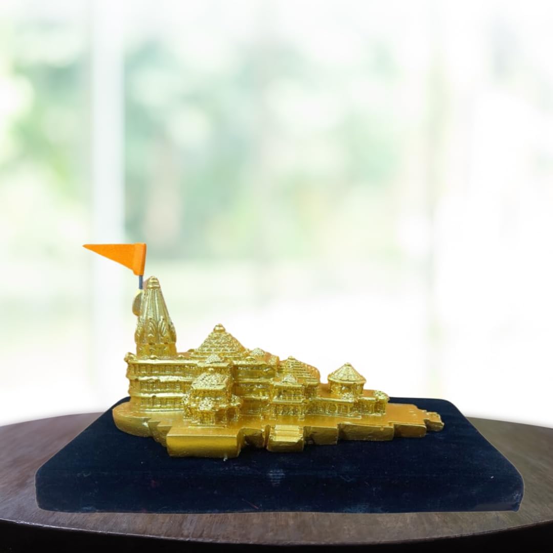 Resin Ram Mandir Ayodhya Model Authentic Design Ideal For Home Temple, Home Decor & Gifts 7.25 Inch, Golden