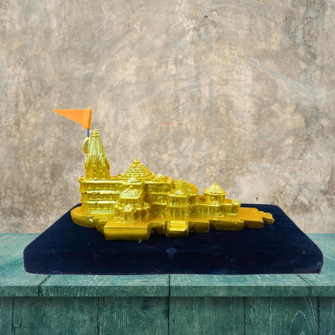 Resin Ram Mandir Ayodhya Model Authentic Design Ideal For Home Temple, Home Decor & Gifts 7.25 Inch, Golden