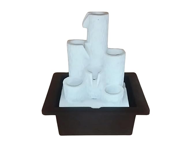 White Marble Tiered Column Tabletop Water Fountain Illuminated Relaxing Water Sound Waterfall Fountain Candles Mini Miniature Home Desktop Decor | Showpiece |