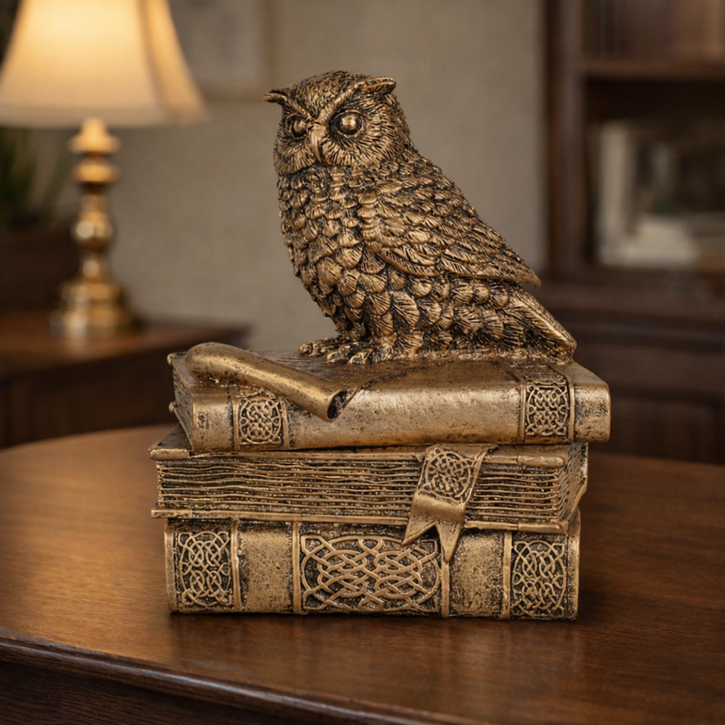 Decorative Lucky Owl Statue Polyresin Antique Bronze Finish with Secret Storage Box