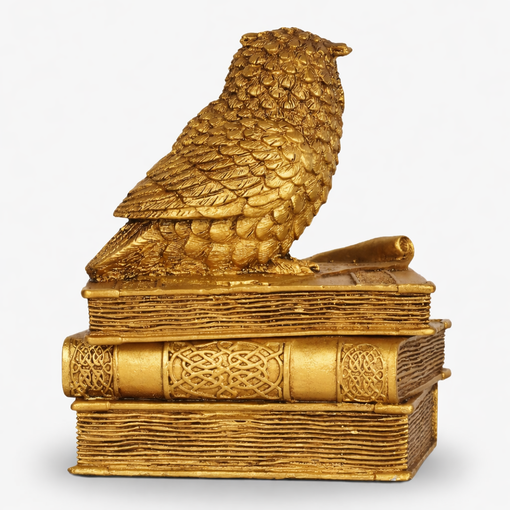 Decorative Lucky Owl Statue Polyresin Antique Gold Finish with Secret Storage Box