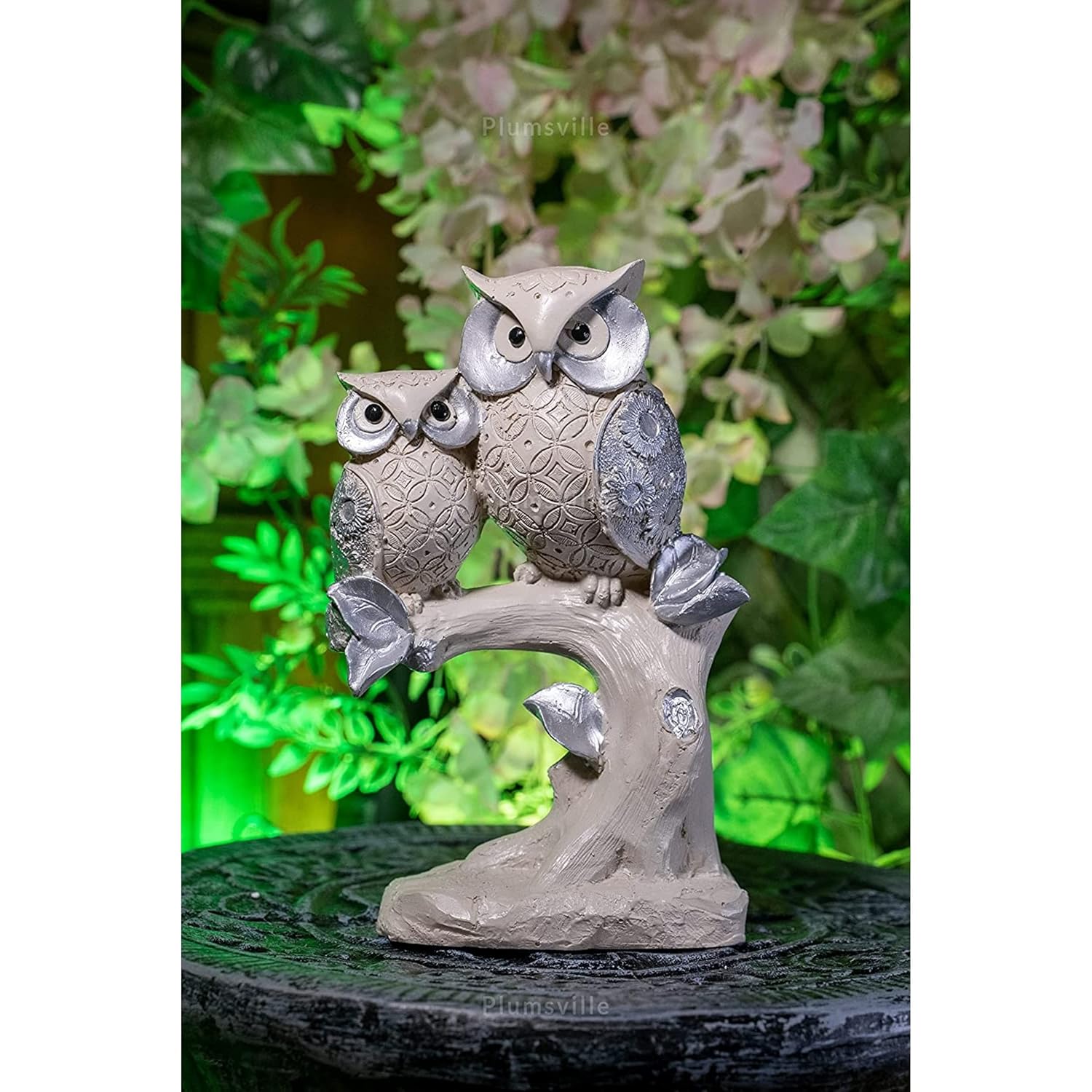 Handcrafted Decorative Resin Owl Couple Sitting on Tree Showpiece (Standard, Beige)