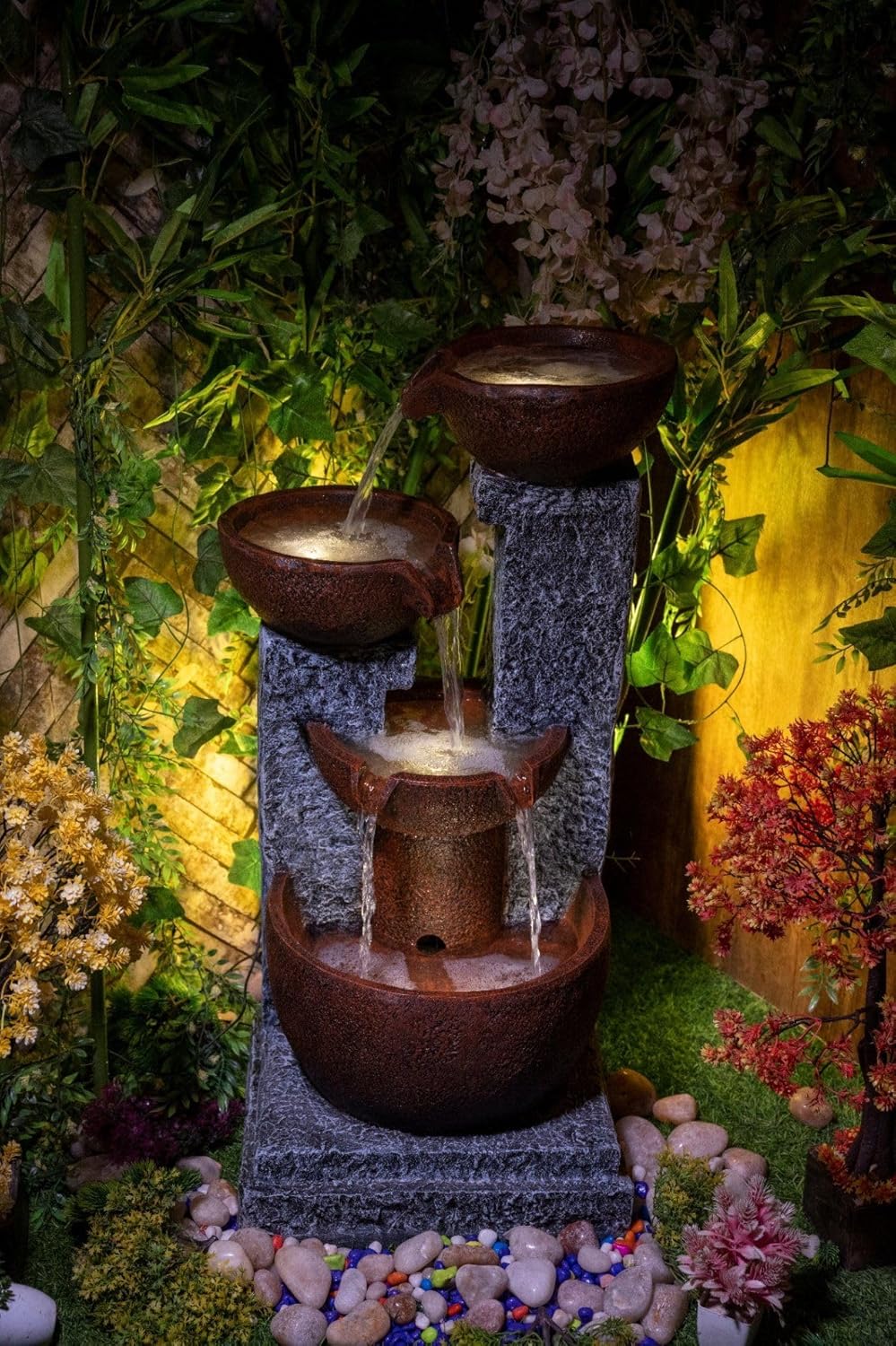 4 Stacked Pot Water Fountain for Home, Office, Garden Brown & Grey Color