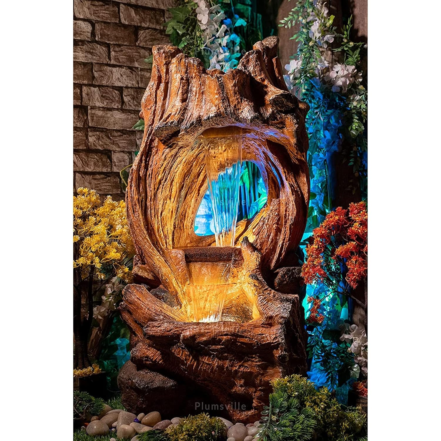 Nature Wooden Fall Water Fountain for Home, Office, Garden Orange Color Indoor Outdoor Home Decor Living Room Garden Bedroom Hall Table Top Decoration Showpiece Gift Items