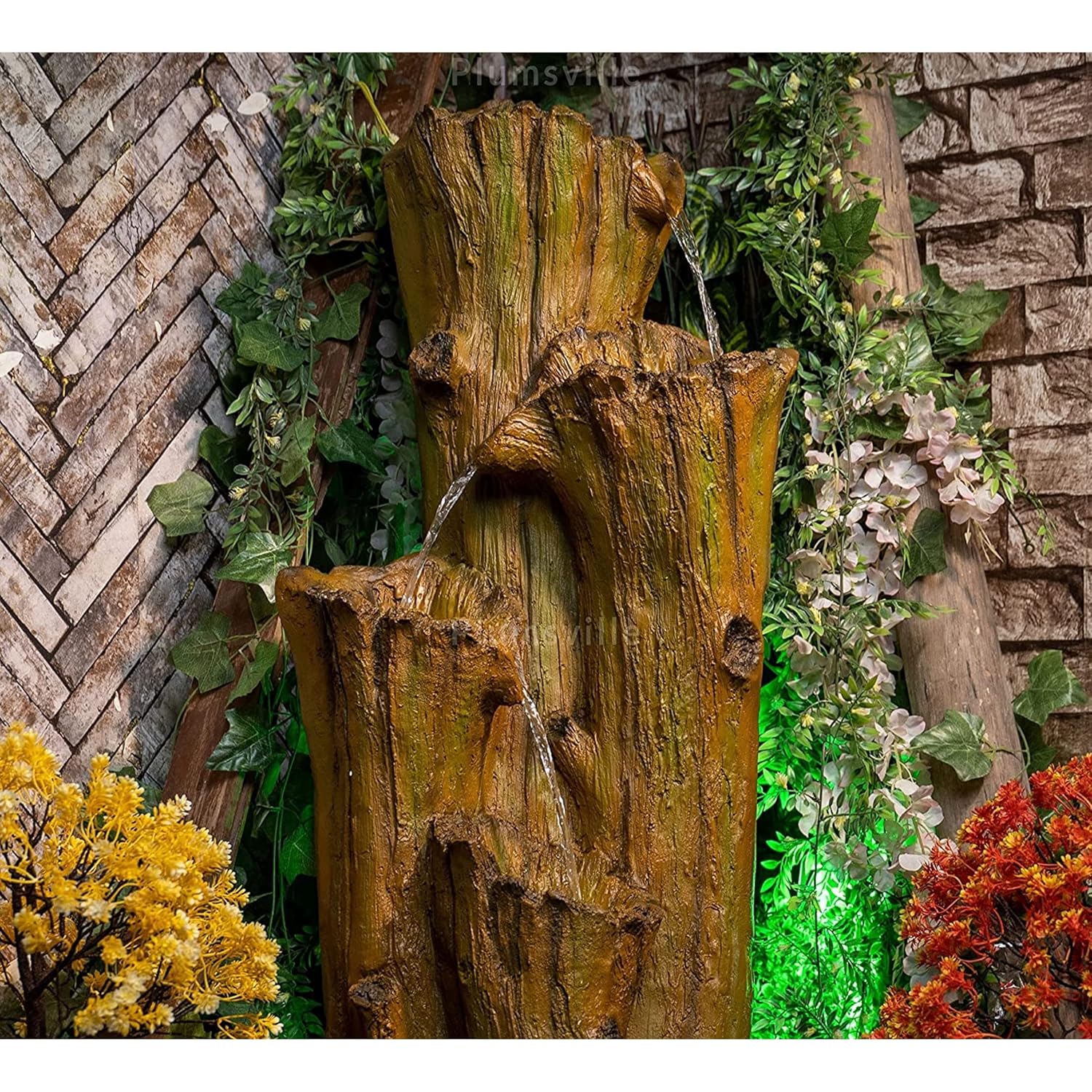 plumsville Nature Inspired Carved Tree Water Fountain for Home, Office, Garden (Olive Green)