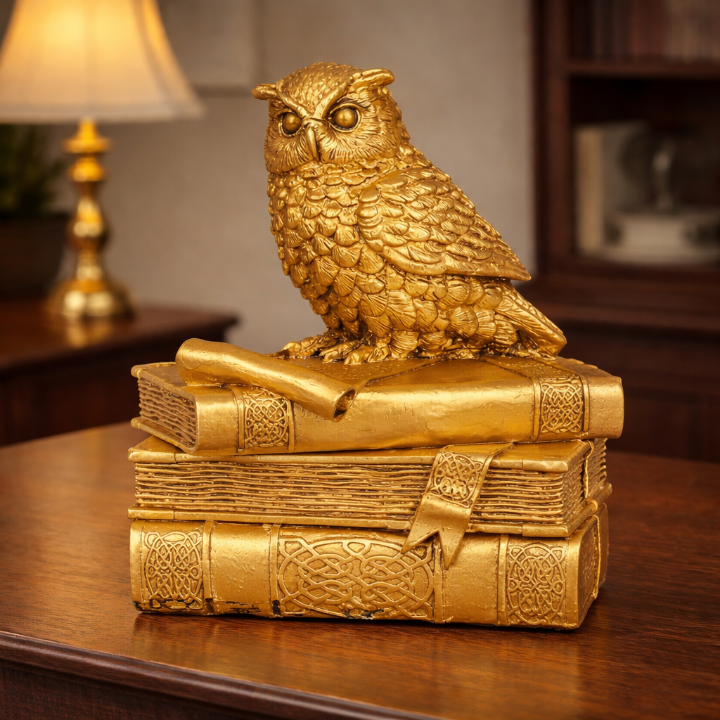 Decorative Lucky Owl Statue Polyresin Antique Gold Finish with Secret Storage Box