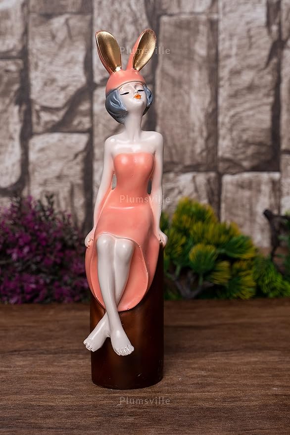 Piller Siting Girl Showpiece Statue, Girl with Rabbit Hat Figurine for Home Decor Outdoor Entrance Living Room Decoration