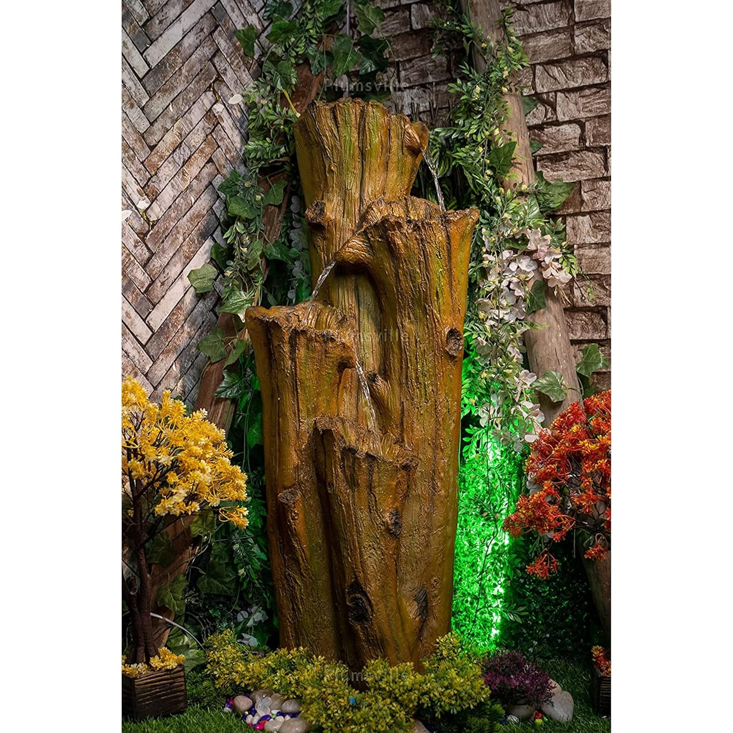 plumsville Nature Inspired Carved Tree Water Fountain for Home, Office, Garden (Olive Green)